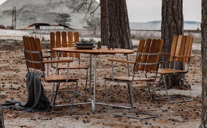 Bild 4, Bord 9A Ø120 cm Obehandlad Teak / Varmförzinkat Stativ - Grythyttan Stålmöbler - Bonus Möbler
